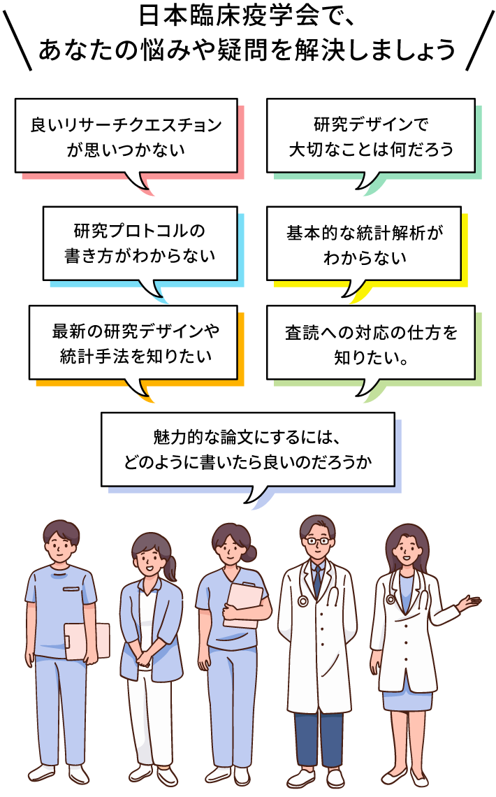 日本臨床疫学会で、あなたの悩みや疑問を解決しましょう
良いリサーチクエスチョンが思いつかない
研究デザインで大切なことは何だろう
研究プロトコルの書き方がわからない
基本的な統計解析がわからない
最新の研究デザインや統計手法を知りたい
魅力的な論文にするには、どのように書いたら良いのだろうか
査読への対応の仕方を知りたい。
